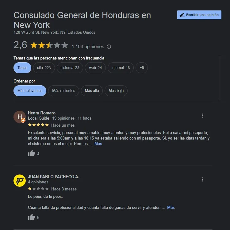 Opiniones Consulado Honduras Manhattan