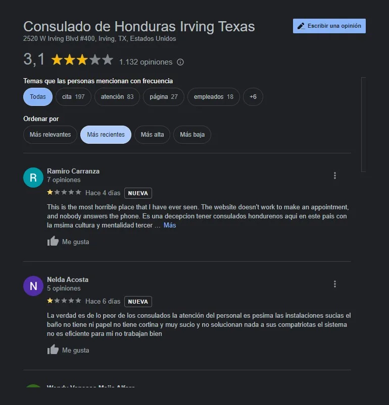 Opiniones en Google del Consulado de Honduras en Dallas