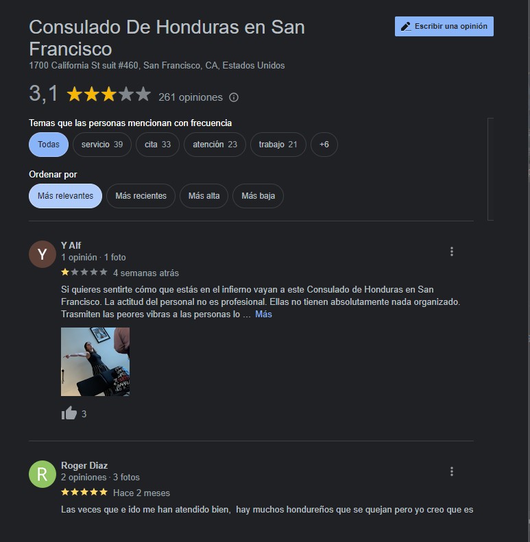 opiniones del Consulado de Honduras en San Francisco