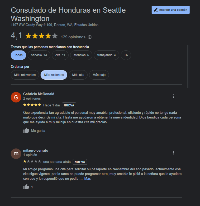 opiniones de Consulado de Honduras en Seattle, Washington