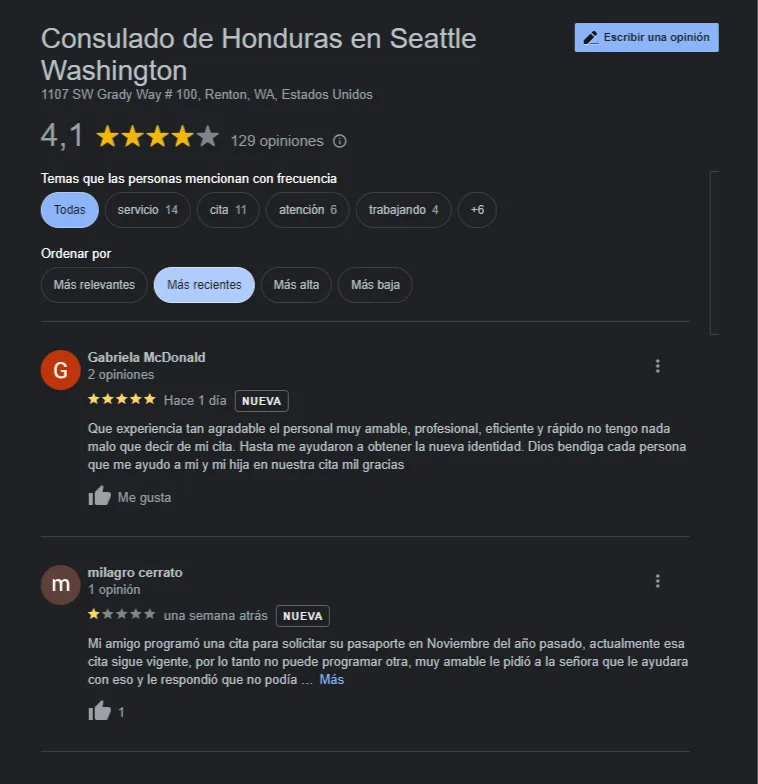 Opiniones en Google del Consulado de Honduras en Seattle