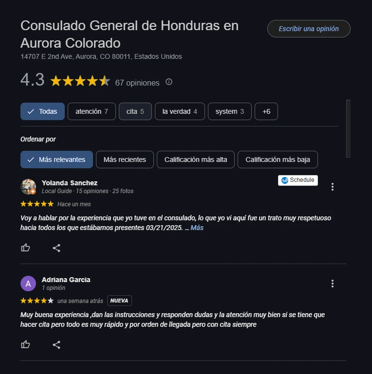 Opiniones del Consulado de Honduras en Denver