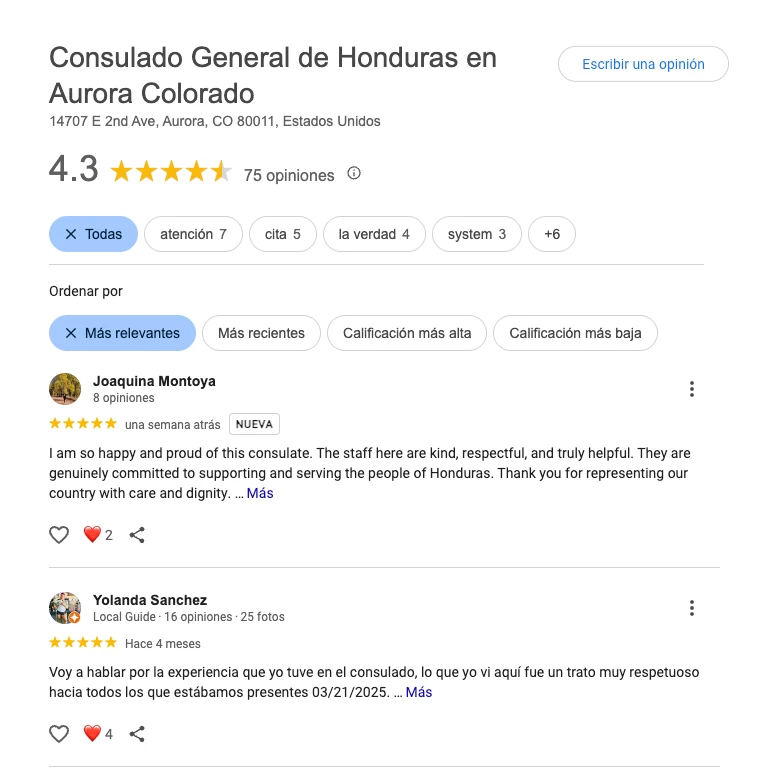 opiniones de consulado general de honduras en aurora colorado