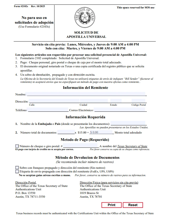 formulario apostilla texas